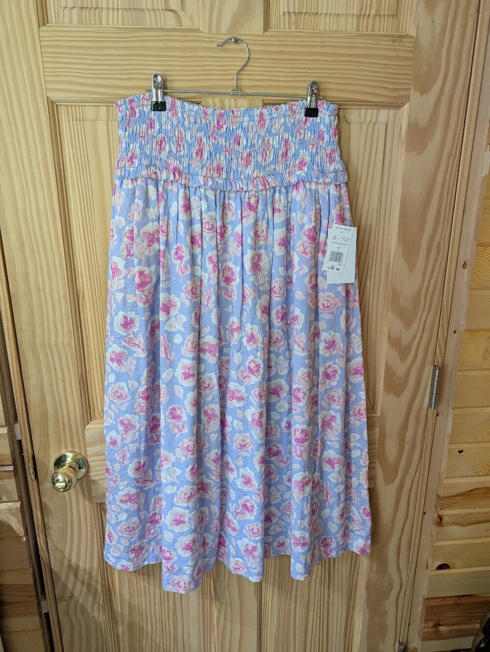 Von Maur Women's L Smocked Waist Floral Midi Skirt - Light Blue & Pink NWT